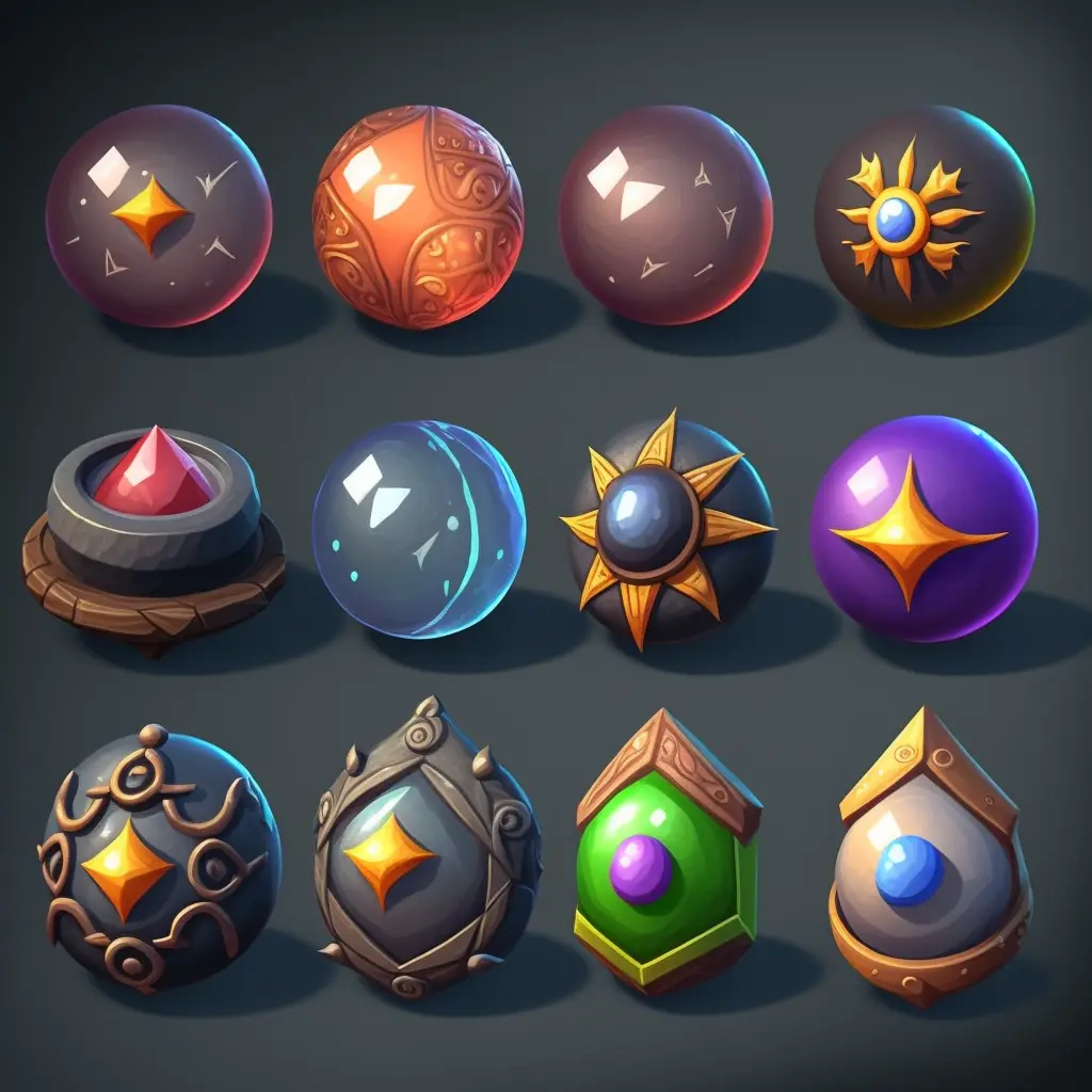 sheet of Wizard Orbs, clay, render, game icons, game asset, blender, oily, shiny, bevel, smooth rendering, hearthstone style